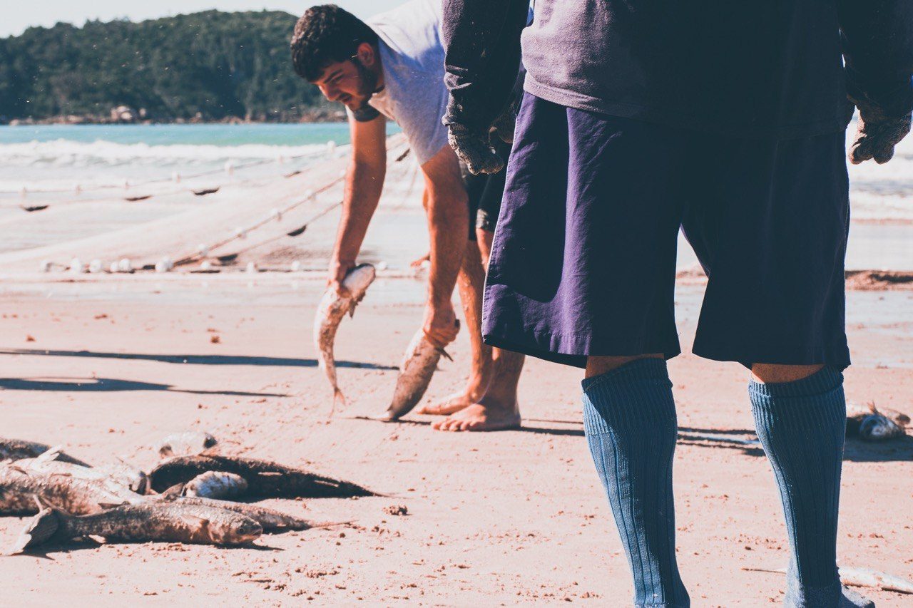 Fishermen sorting the catch on the sand